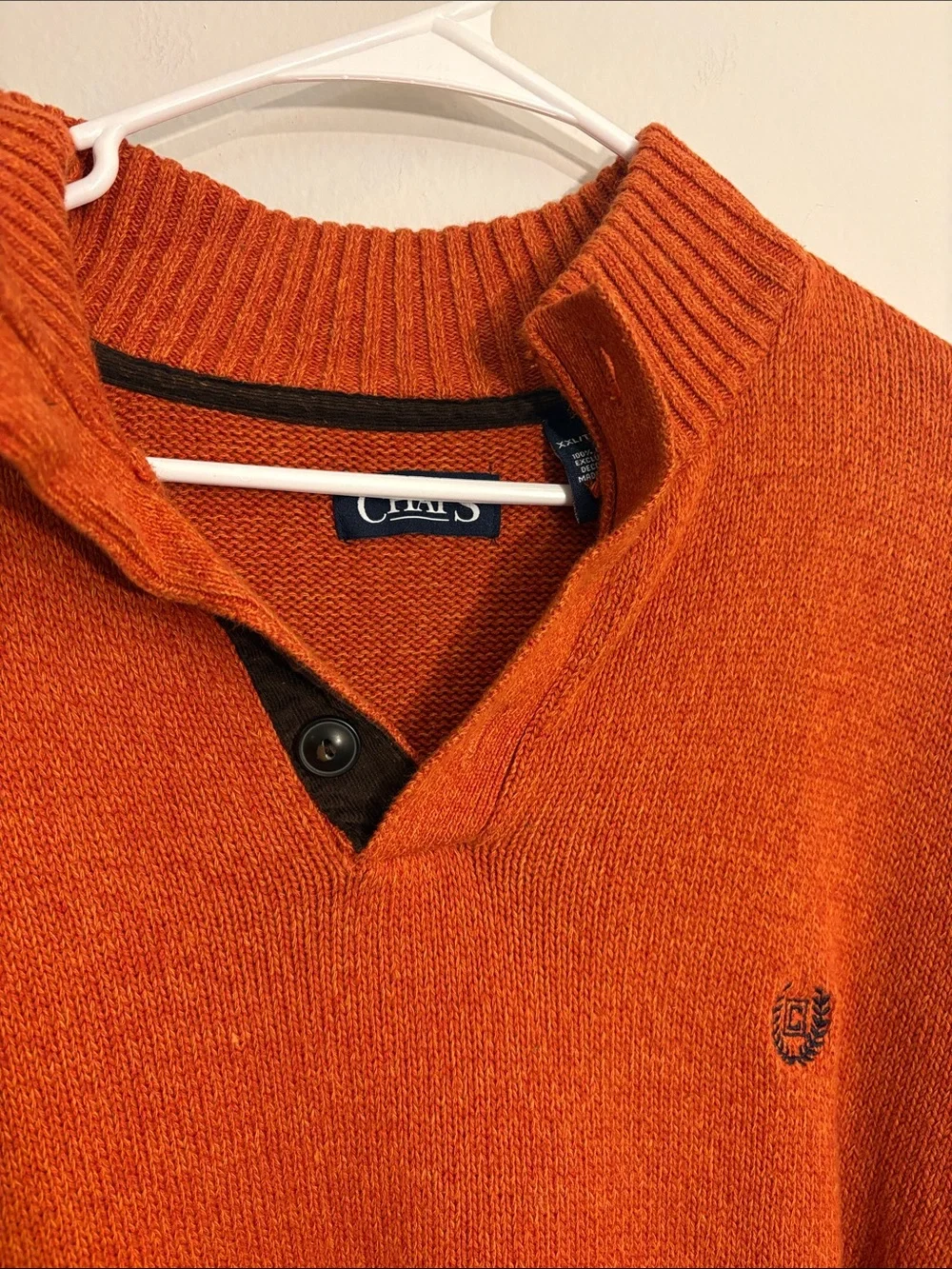 Chaps Men’s Orange V-Neck Pullover with Contrast Button Placket